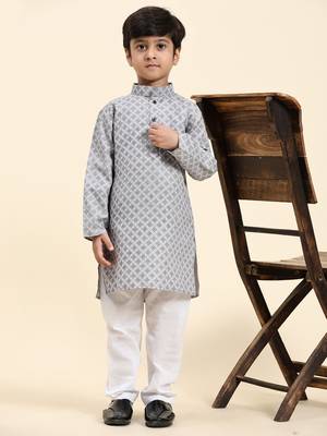 Blue Floral Cotton Jacquard Kurta Pajama Set for Boys Ethnic Wear 4