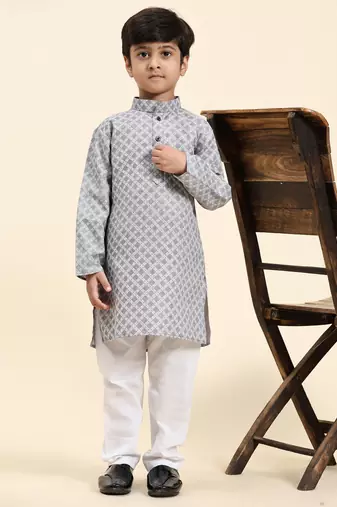 Blue Floral Cotton Jacquard Kurta Pajama Set for Boys Ethnic Wear