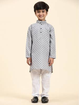 Blue Floral Cotton Jacquard Kurta Pajama Set for Boys Ethnic Wear 5
