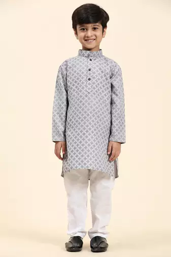 Blue Floral Cotton Jacquard Kurta Pajama Set for Boys Ethnic Wear
