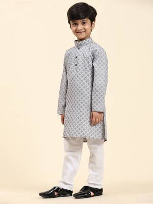 Blue Floral Cotton Jacquard Kurta Pajama Set for Boys Ethnic Wear 1