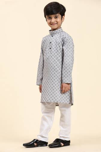 Blue Floral Cotton Jacquard Kurta Pajama Set for Boys Ethnic Wear