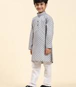 Blue Floral Cotton Jacquard Kurta Pajama Set for Boys Ethnic Wear