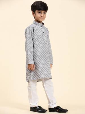 Blue Floral Cotton Jacquard Kurta Pajama Set for Boys Ethnic Wear 6