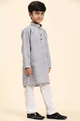 Blue Floral Cotton Jacquard Kurta Pajama Set for Boys Ethnic Wear