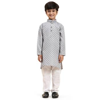 Blue Floral Cotton Jacquard Kurta Pajama Set for Boys Ethnic Wear 8