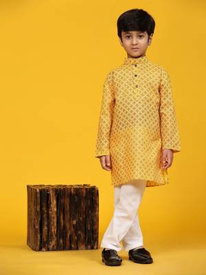 Yellow Floral Cotton Jacquard Kurta Pajama Set for Boys Ethnic Wear 1
