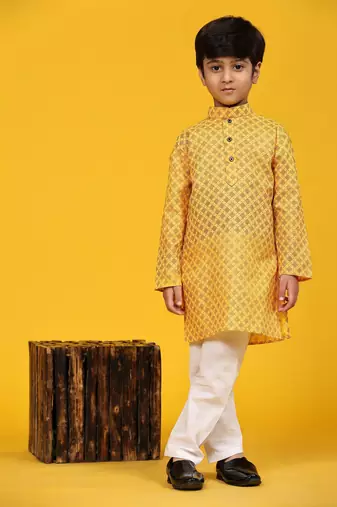Yellow Floral Cotton Jacquard Kurta Pajama Set for Boys Ethnic Wear