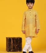 Yellow Floral Cotton Jacquard Kurta Pajama Set for Boys Ethnic Wear