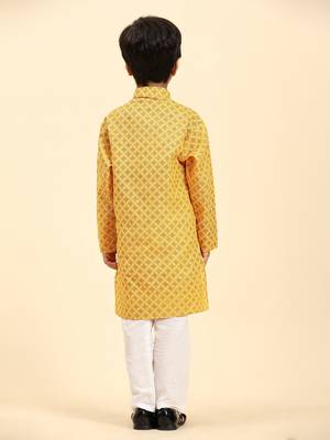 Yellow Floral Cotton Jacquard Kurta Pajama Set for Boys Ethnic Wear 2