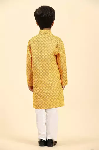 Yellow Floral Cotton Jacquard Kurta Pajama Set for Boys Ethnic Wear