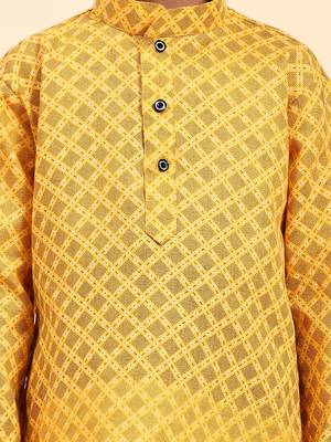 Yellow Floral Cotton Jacquard Kurta Pajama Set for Boys Ethnic Wear 3