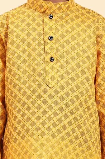 Yellow Floral Cotton Jacquard Kurta Pajama Set for Boys Ethnic Wear