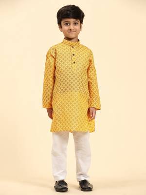 Yellow Floral Cotton Jacquard Kurta Pajama Set for Boys Ethnic Wear 4