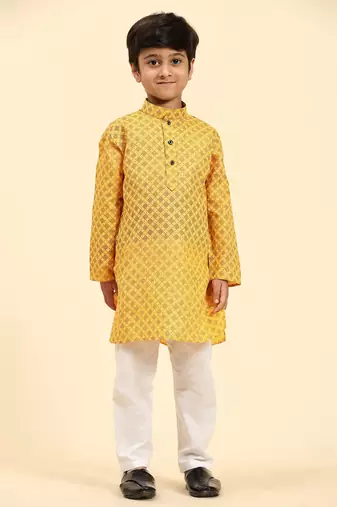 Yellow Floral Cotton Jacquard Kurta Pajama Set for Boys Ethnic Wear