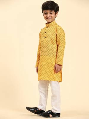 Yellow Floral Cotton Jacquard Kurta Pajama Set for Boys Ethnic Wear 5