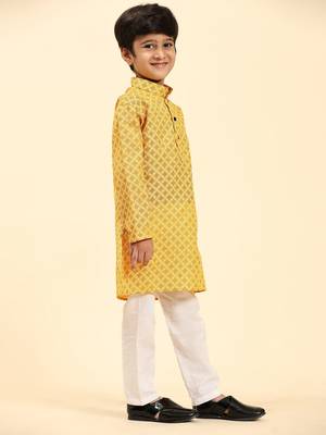 Yellow Floral Cotton Jacquard Kurta Pajama Set for Boys Ethnic Wear 6