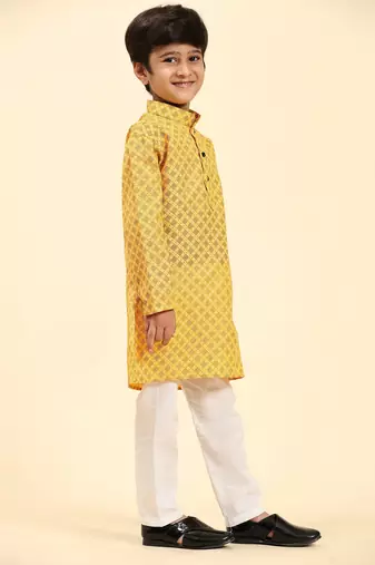 Yellow Floral Cotton Jacquard Kurta Pajama Set for Boys Ethnic Wear