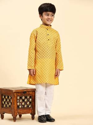Yellow Floral Cotton Jacquard Kurta Pajama Set for Boys Ethnic Wear 7