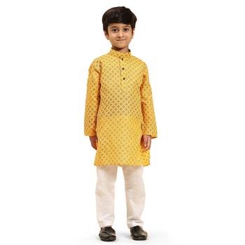 Yellow Floral Cotton Jacquard Kurta Pajama Set for Boys Ethnic Wear 8