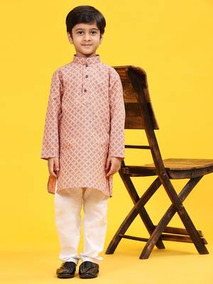Pink Floral Cotton Jacquard Kurta Pajama Set for Boys Ethnic Wear 1