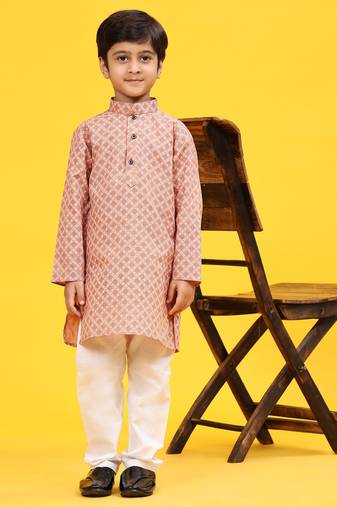 Pink Floral Cotton Jacquard Kurta Pajama Set for Boys Ethnic Wear