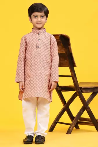 Pink Floral Cotton Jacquard Kurta Pajama Set for Boys Ethnic Wear