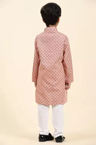 Pink Floral Cotton Jacquard Kurta Pajama Set for Boys Ethnic Wear