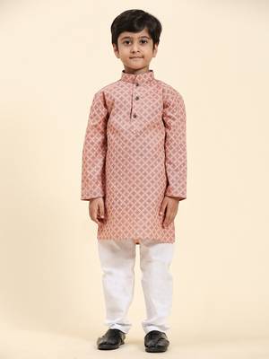 Pink Floral Cotton Jacquard Kurta Pajama Set for Boys Ethnic Wear 3