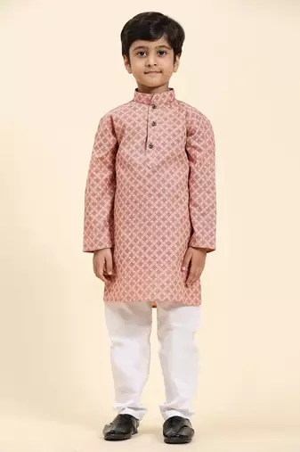 Pink Floral Cotton Jacquard Kurta Pajama Set for Boys Ethnic Wear