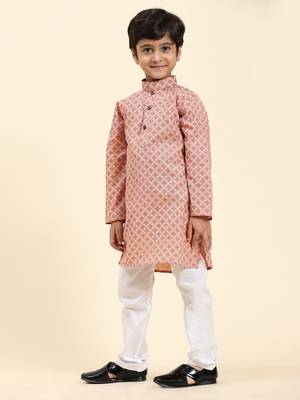 Pink Floral Cotton Jacquard Kurta Pajama Set for Boys Ethnic Wear 4