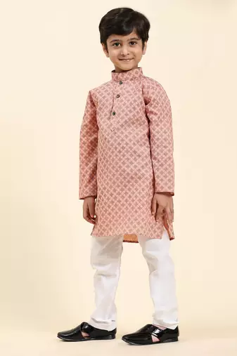 Pink Floral Cotton Jacquard Kurta Pajama Set for Boys Ethnic Wear