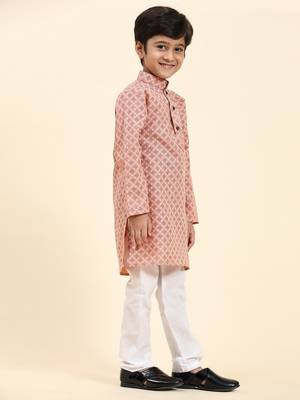 Pink Floral Cotton Jacquard Kurta Pajama Set for Boys Ethnic Wear 5