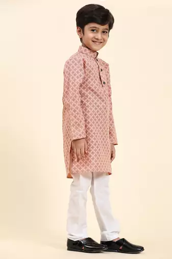 Pink Floral Cotton Jacquard Kurta Pajama Set for Boys Ethnic Wear