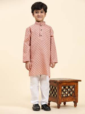 Pink Floral Cotton Jacquard Kurta Pajama Set for Boys Ethnic Wear 7