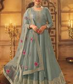 Slate Grey Embroidered Dola Silk Aanarakali Floor Length Suit