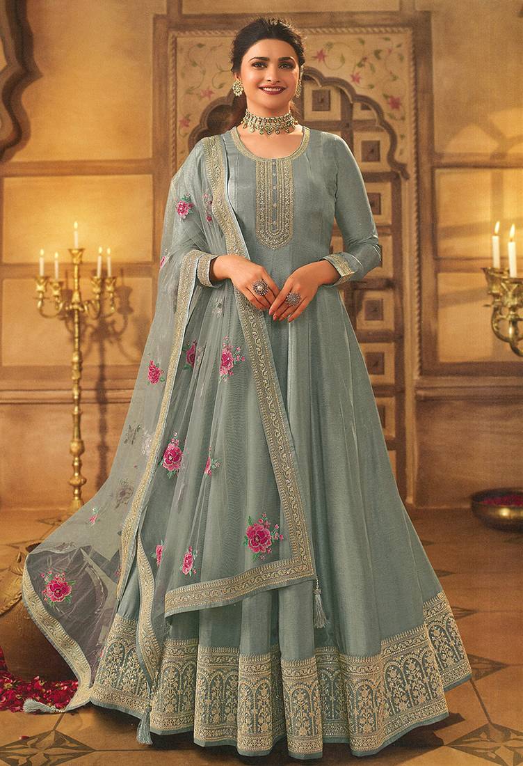 Slate Grey Embroidered Dola Silk Aanarakali Floor Length Suit