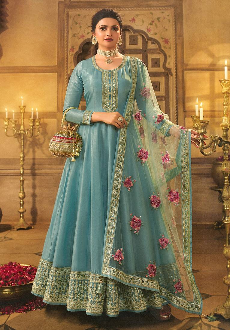 Sky Blue Embroidered Dola Silk Aanarakali Floor Length Suit