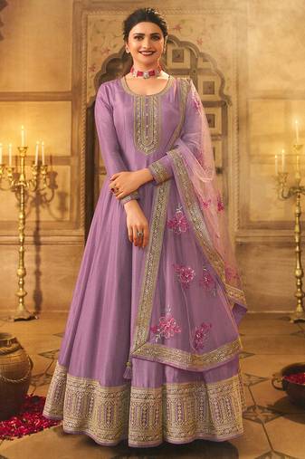 Lavender Embroidered Dola Silk Aanarakali Floor Length Suit