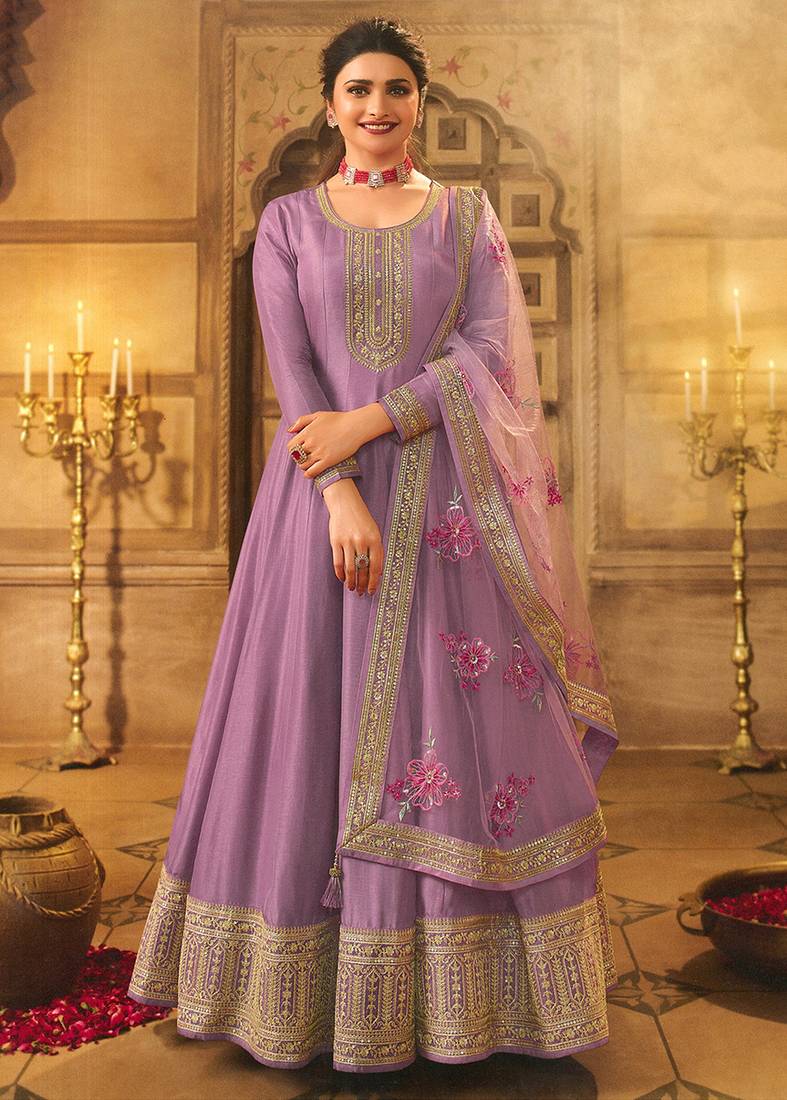 Lavender Embroidered Dola Silk Aanarakali Floor Length Suit