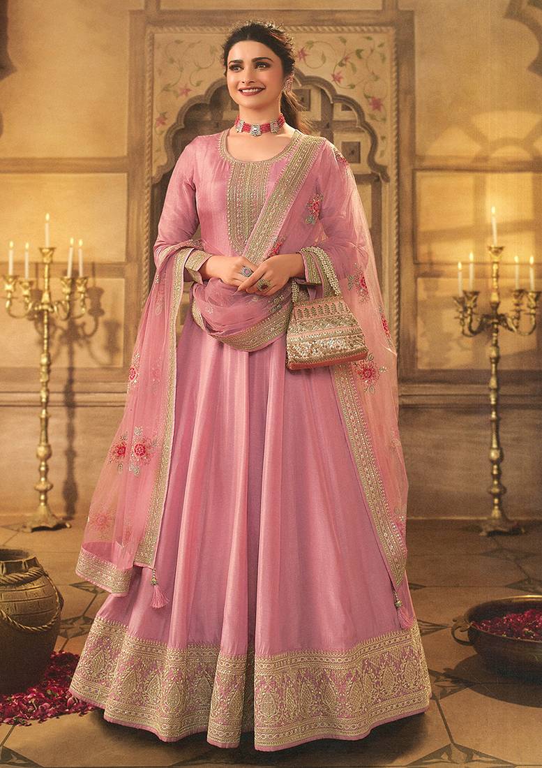 Women Sky Blue Dola Silk Embroidered Anarkali Suit main image 1