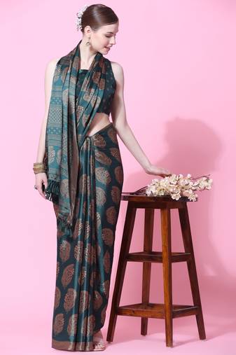 Rujave Copper Dark Green Chiffon Sarees With Blouse