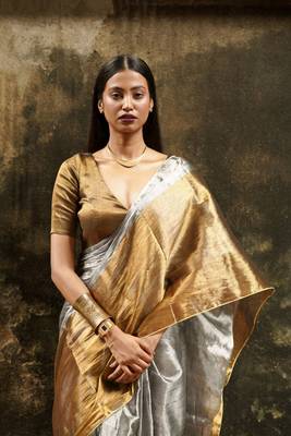 Gold and Silver Dual Handloom Tissue Saree Without Blouse 4