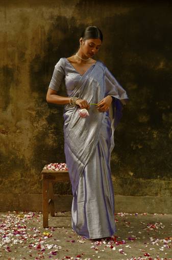 Midnight Blue And Grey Handloom Tissue Saree Without Blouse
