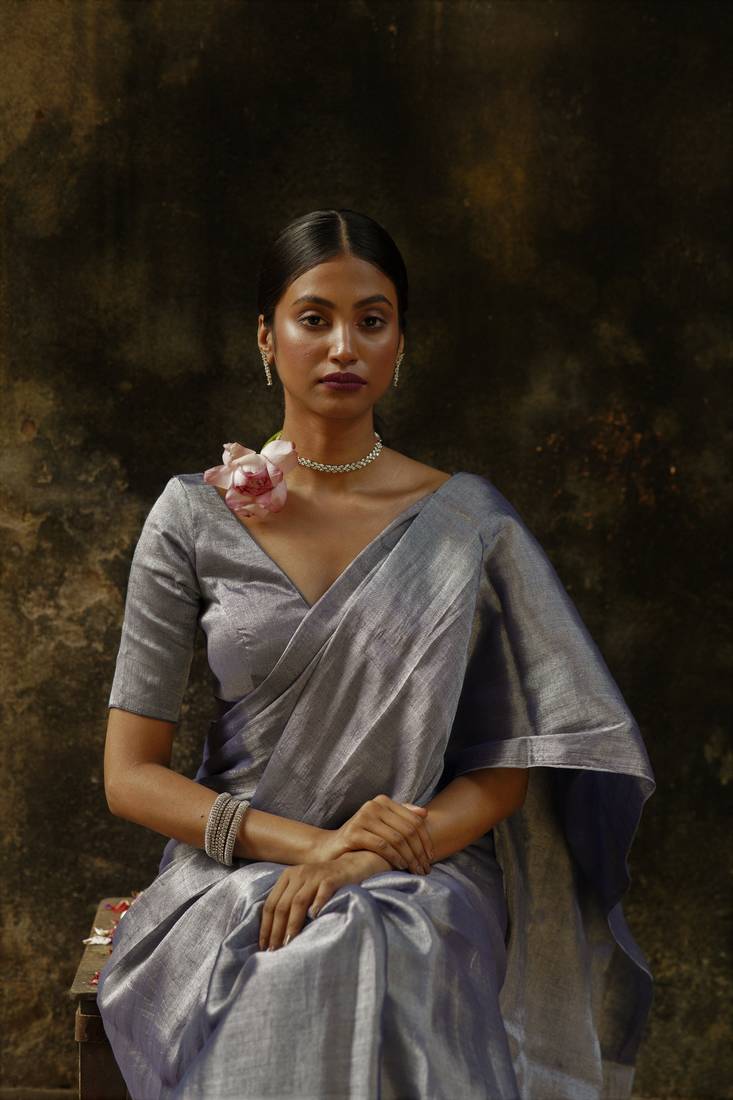 Midnight Blue And Grey Handloom Tissue Saree Without Blouse