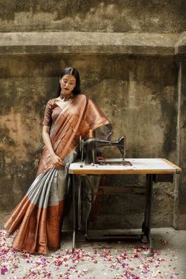 Copper And Silver Tissue Saree Without Blouse 2