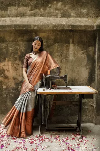 Copper And Silver Tissue Saree Without Blouse