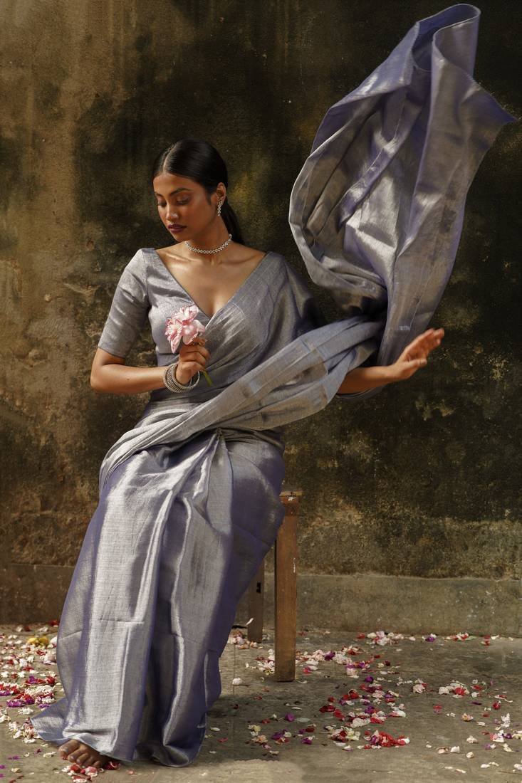 Midnight Blue And Grey Handloom Tissue Saree Without Blouse