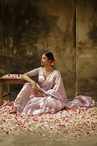 Blush Pink Handloom Tissue Saree Without Blouse