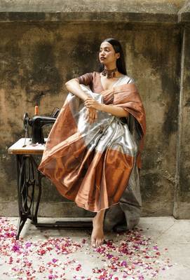 Copper And Silver Tissue Saree Without Blouse 1